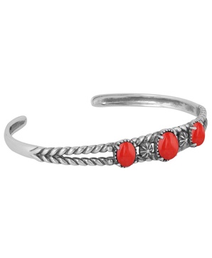 Sterling Silver Genuine Coral 3 Stone Cuff Bracelet Size Small - Large