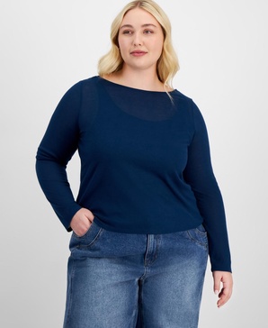 Trendy Plus Size Solid Boat-Neck Long-Sleeve Layered Top, Exclusively at Macy's
