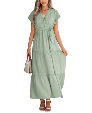Women's Sage Green Surplice Ruffled Maxi Beach Dress