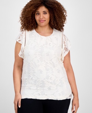 Plus Size Flutter-Sleeve Lace Overlay Blouse