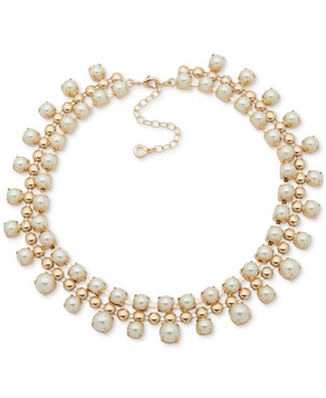 Gold-Tone Bead & Imitation Pearl Domed Statement Necklace, 16" + 3" extender