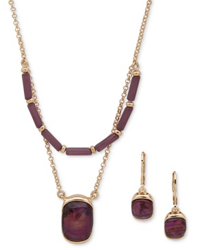 Gold-Tone 2-Pc. Set Purple Stone Layered Necklace & Matching Drop Earrings
