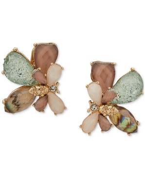 Gold-Tone Bee & Stone Cluster Clip On Earrings
