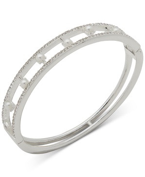 Silver-Tone Pavé & Imitation Pearl Bangle Bracelet
