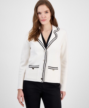 Women's Braided-Trim Notched-Collar Cardigan Sweater