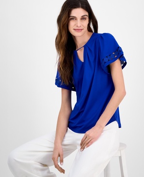 Women's Harmony Keyhole-Neck Flutter-Sleeve Top