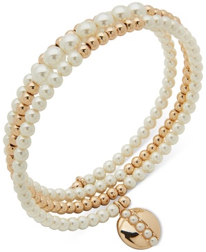 Gold-Tone & Imitation Pearl Disc Charm Beaded Coil Bracelet