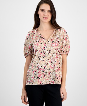 Women's Balloon-Sleeve Split-Neck Top
