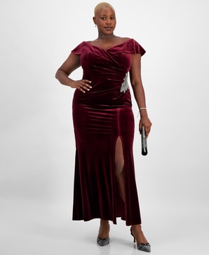 Plus Size Off-The-Shoulder Velvet Gown 