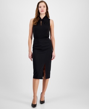 Women's Solid Pull-On Asymmetrical-Slit Midi Skirt
