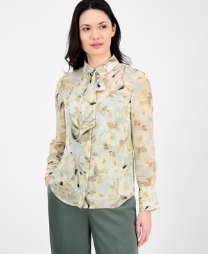 Women's Floral-Print Tie-Neck Blouse