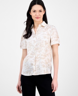 Women's Floral-Print Short-Sleeve Collared Blouse