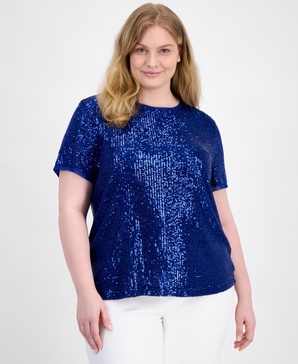Plus Size Sequin-Embellished Short-Sleeve Top
