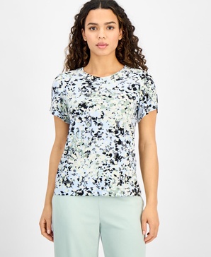 Women's Printed Crewneck Tulip-Sleeve Top