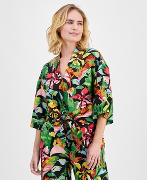 Petite Floral-Print Tie-Hem Top, Created for Macy's 