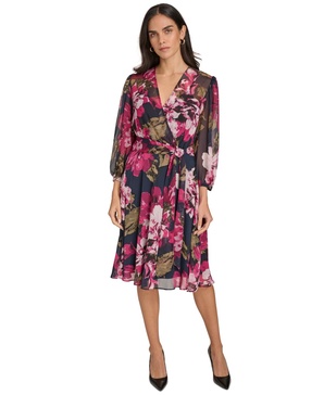 Women's Printed Surplice-Neck A-Line Faux-Wrap Dress