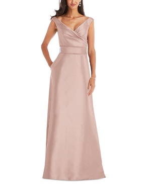 Plus Size Off-the-Shoulder Draped Wrap Satin Maxi Dress
