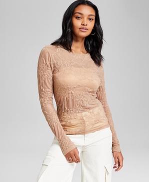 Women's Floral Crewneck Long-Sleeve Mesh Top, Exclusively at Macy's 