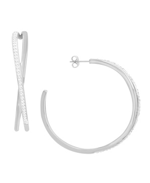 Criss Cross Clear Crystal C Hoop Earring, Gold Plate and Silver Plate