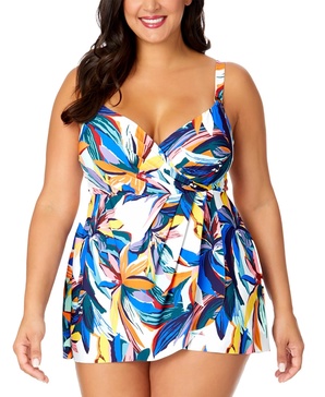 Plus Size Printed Surplice Swim Dress