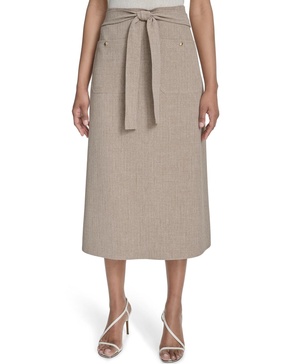 Women's Tie-Waist Patch-Pocket Midi Skirt