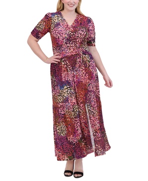 Plus Size Printed V-Neck Ruched Maxi Dress