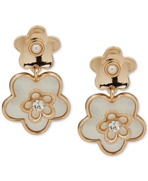 Gold-Tone Mother of Pearl Crystal Flower Clip On Earrings