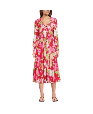 Women's Crepe Button Front Long Sleeve Midi Dress