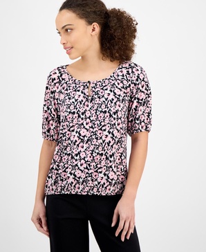 Petite Elbow-Sleeve Keyhole-Cutout Floral-Print Top