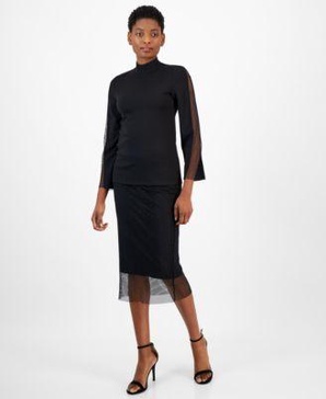 Women's Mock-Neck Long-Sleeve Top & Pull-On Midi Skirt 