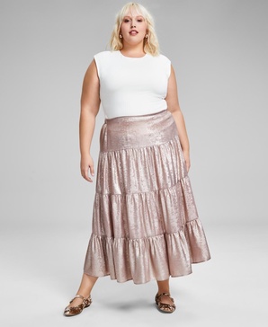 Trendy Plus Size Metallic Tiered Skirt, Created for Macy's