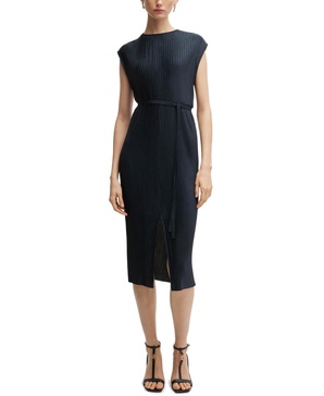 Women's High-Shine Plissé Belted Sleeveless Dress