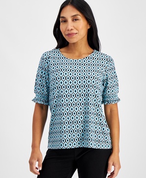Petite Printed Elbow-Sleeve Smocked-Cuff Top