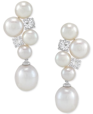 Freshwater Pearl (5-1/2-9-1/2mm) & Cubic Zirconia Cluster Drop Earrings in Sterling Silver