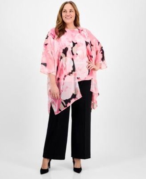 Plus Size Chiffon Kimono, Printed Boat-Neckline Blouse & Pull-On Mid-Rise Wide-Leg Pants