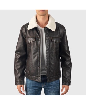 Aaron Mens Fitted Trucker Jacket Sherpa Collar Faux Leather Casual Coat