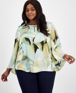 Plus Size Printed Keyhole Blouse