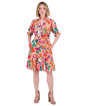 Petite Printed V-Neck Elbow-Sleeve Tie-Waist Dress