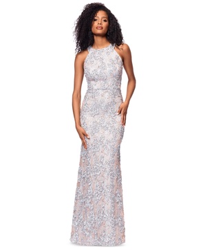 Petite High-Neck Sleeveless Lace Sheath Gown