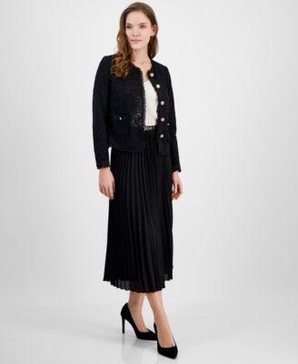 Women's Lace Button-Front Patch-Pocket Jacket & Pleated Pull-On Belted Midi Skirt