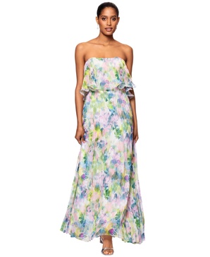 Women's Printed Pleated Strapless Gown