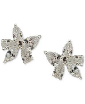 Silver-Tone Crystal Flower Stud Earrings