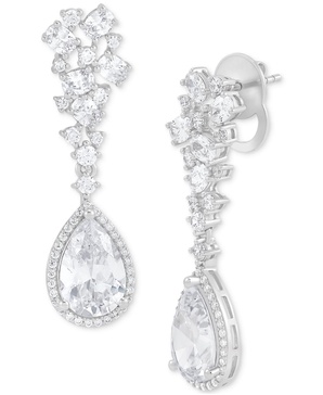 Cubic Zirconia Pear Halo Cluster Drop Earrings in Sterling Silver