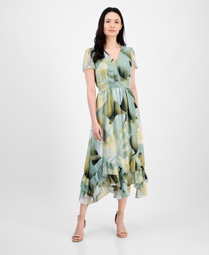 Women's Floral-Print Smocked-Waist Tulip-Sleeve Dress