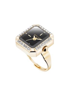 Women's Quartz Octagonal Black and Gold-Tone Metal Alloy Crystal Ring Watch, 19mm