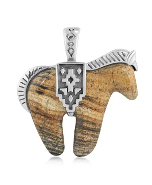 Sterling Silver Picture Jasper Gemstone Spirit Horse Pendant Enhancer