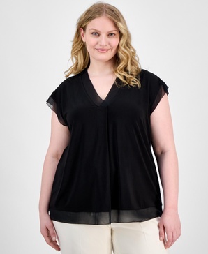 Plus Size V-Neck Mixed-Media Box-Pleat Top