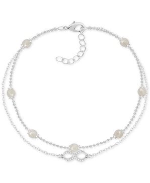 Imitation Pearl & Crystal Infinity Double Row Ankle Bracelet in Silver-Plate