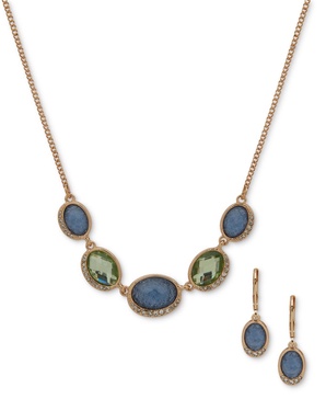 Gold-Tone Pavé & Oval Stone Statement Necklace & Drop Earrings Set 