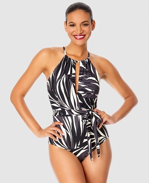 Women's Printed High-Neck Belted One-Piece Swimsuit